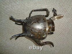 Victorian silver plate tea pot four scroll feet curved spout etched lowers deer