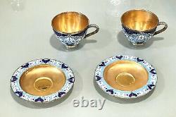 Vintage 1960 Russian Sterling Silver 916 Enamel Cup Plate Gold Wash Tea Set