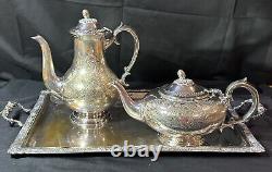 Vintage 3pc Silver Etched Plate Coffee/Tea Pots Embossed Tray Ornate Design