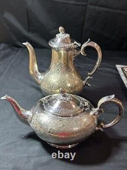 Vintage 3pc Silver Etched Plate Coffee/Tea Pots Embossed Tray Ornate Design