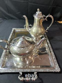 Vintage 3pc Silver Etched Plate Coffee/Tea Pots Embossed Tray Ornate Design