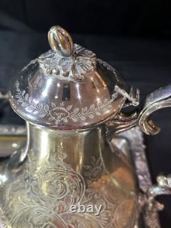 Vintage 3pc Silver Etched Plate Coffee/Tea Pots Embossed Tray Ornate Design
