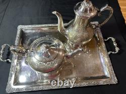 Vintage 3pc Silver Etched Plate Coffee/Tea Pots Embossed Tray Ornate Design