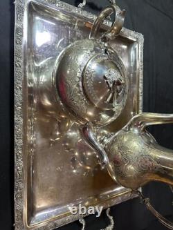 Vintage 3pc Silver Etched Plate Coffee/Tea Pots Embossed Tray Ornate Design