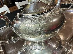 Vintage 3pc Silver Etched Plate Coffee/Tea Pots Embossed Tray Ornate Design