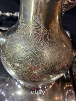 Vintage 3pc Silver Etched Plate Coffee/Tea Pots Embossed Tray Ornate Design