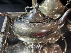 Vintage 3pc Silver Etched Plate Coffee/Tea Pots Embossed Tray Ornate Design