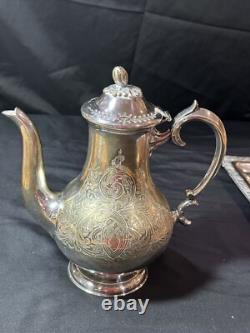Vintage 3pc Silver Etched Plate Coffee/Tea Pots Embossed Tray Ornate Design