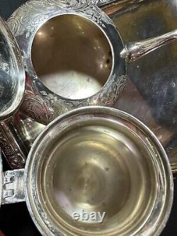 Vintage 3pc Silver Etched Plate Coffee/Tea Pots Embossed Tray Ornate Design