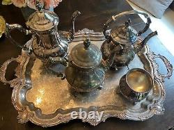 Vintage 4 Piece silver plate tea set with tray Tea coffee pots bakelite handles