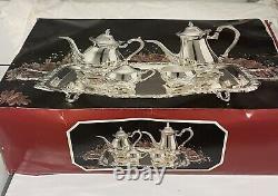 Vintage 5 Pc Tea, Coffee Set Silverplate With Footed Rectangular Tray New In Box