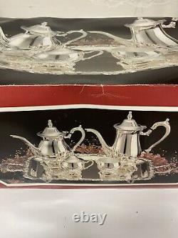 Vintage 5 Pc Tea, Coffee Set Silverplate With Footed Rectangular Tray New In Box