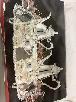 Vintage 5 Pc Tea, Coffee Set Silverplate With Footed Rectangular Tray New In Box