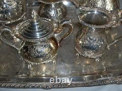 Vintage Amston Fine Silver Plate 7 Pc Coffee Tea Service 2045 Raised Design RARE