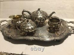 Vintage Antique Oneida Silver Plate Tea Set Teapot Sugar Creamer Platter
