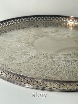 Vintage Barker Ellis Ornate Lattice Work Round Silver Plate Tea/Drinks Tray