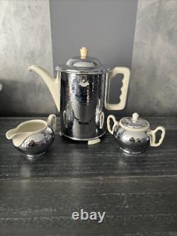 Vintage Butcher Lizen Hammered Silver Plate 3 Piece Tea/Coffee Set Insulated Pot