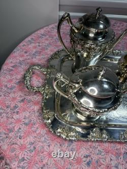 Vintage Crescent Silver Plate Tea Set with Tray 6-Piece Ornate S. P. N. S