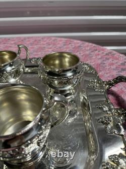 Vintage Crescent Silver Plate Tea Set with Tray 6-Piece Ornate S. P. N. S