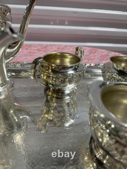 Vintage Crescent Silver Plate Tea Set with Tray 6-Piece Ornate S. P. N. S