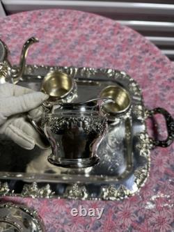 Vintage Crescent Silver Plate Tea Set with Tray 6-Piece Ornate S. P. N. S