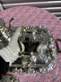 Vintage Crescent Silver Plate Tea Set with Tray 6-Piece Ornate S. P. N. S