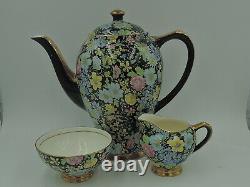 Vintage Empire Chintz Black Marguerite Coffee Pot/Teapot Creamer Sugar Cup Tea S