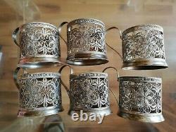 Vintage Filigree Set Six Tea Cup Holders Silver Plated Podstakannik USSR