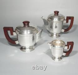 Vintage French Art Deco Silver Plate Wood, Tea Coffee Service, Francia 3 pcs