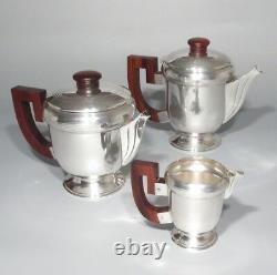 Vintage French Art Deco Silver Plate Wood, Tea Coffee Service, Francia 3 pcs