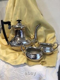 Vintage LEONARD Silver Plate Tea / Coffee Pot Ebony Handle Sugar & Creamer 3 pc