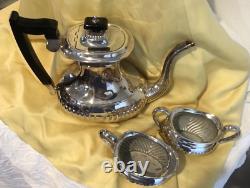 Vintage LEONARD Silver Plate Tea / Coffee Pot Ebony Handle Sugar & Creamer 3 pc