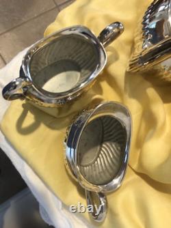 Vintage LEONARD Silver Plate Tea / Coffee Pot Ebony Handle Sugar & Creamer 3 pc