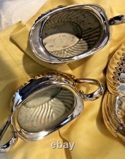 Vintage LEONARD Silver Plate Tea / Coffee Pot Ebony Handle Sugar & Creamer 3 pc