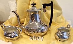 Vintage LEONARD Silver Plate Tea / Coffee Pot Ebony Handle Sugar & Creamer 3 pc