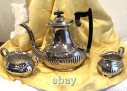 Vintage LEONARD Silver Plate Tea / Coffee Pot Ebony Handle Sugar & Creamer 3 pc