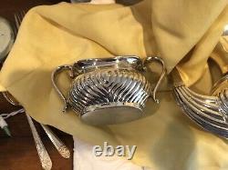 Vintage LEONARD Silver Plate Tea / Coffee Pot Ebony Handle Sugar & Creamer 3 pc