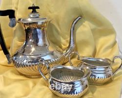 Vintage LEONARD Silver Plate Tea / Coffee Pot Ebony Handle Sugar & Creamer 3 pc