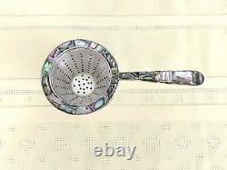 Vintage Los Castillo Mexico Silver Plate Tea Strainer and Cup Abalone Inlay