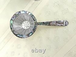 Vintage Los Castillo Mexico Silver Plate Tea Strainer and Cup Abalone Inlay