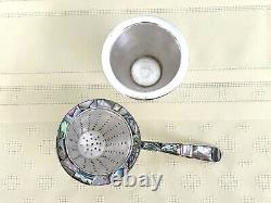 Vintage Los Castillo Mexico Silver Plate Tea Strainer and Cup Abalone Inlay