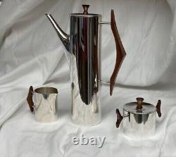 Vintage Mid-Century Modern Modernist Silver Plate and Teak Tea Set