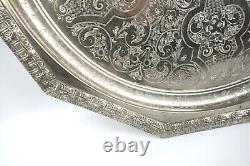 Vintage Moroccan Silver Plate Engraved Tea Tray Food Serving Barware Cooking