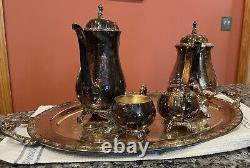 Vintage Oneida Silver Plate Coffee and Tea Pot Teapot Set with Serving Tray Set