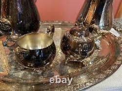 Vintage Oneida Silver Plate Coffee and Tea Pot Teapot Set with Serving Tray Set