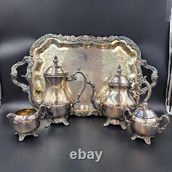 Vintage Ornate F B Rogers Silverplate 4 Piece Tea / Coffee Set with Footed Tray