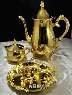 Vintage Premium International Silver Co. 23k Gold Plated Candy Dish & Tea Set