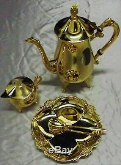 Vintage Premium International Silver Co. 23k Gold Plated Candy Dish & Tea Set
