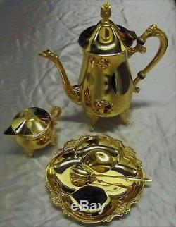 Vintage Premium International Silver Co. 23k Gold Plated Candy Dish & Tea Set