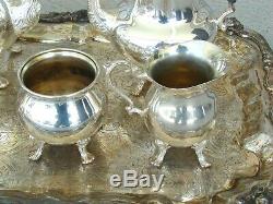 Vintage SIGNED Sheridan Silver Plate TILT Tea Coffee Tray Cache Pot SET 7 Pieces